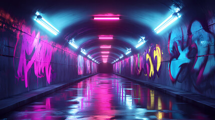 Neon-lit subway tunnel with colorful graffiti and glowing reflections on the wet floor, creating a futuristic and urban atmosphere. Neon Graffiti Cyberpunk Tunnel. Illustration