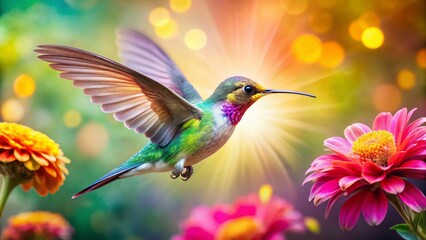 Fototapeta premium Hummingbird and Floral Double Exposure: Vibrant Nature Stock Photo