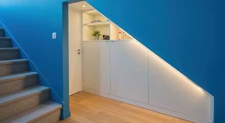 Modern home interior design featuring a staircase with builtin white storage cabinets under the stairs. The walls are painted blue, illuminated by LED strip lighting. 