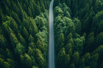 Asphalt road cutting through lush green forest in mountain area