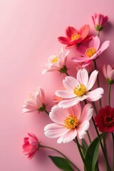 Fototapeta premium Pink background, close-up of various flowers, soft focus , delicate, texture, colorful