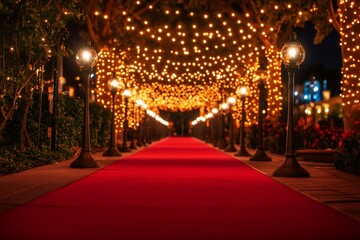 Red carpet leading to a grand entrance illuminated by fairy lights