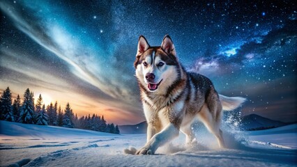 Naklejka premium Husky Dog Running Through Snowy Landscape at Night - Winter Adventure Photography