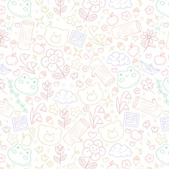 Kindergarten doodle  background. Hand drawn doodle style children cute seamless pattern, preschool wallpaper. Kids education simple background. 