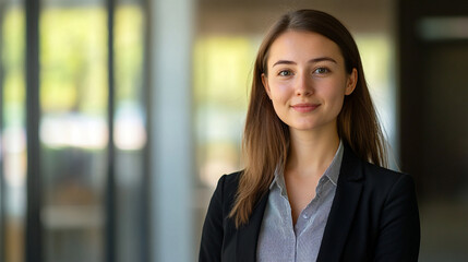 Portrait of a young confident businesswoman smiling in office building job work model happy style