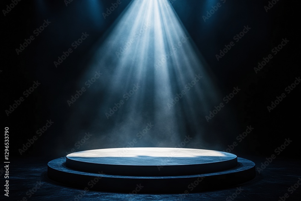 Poster spotlight shining on an empty podium on stage with black background