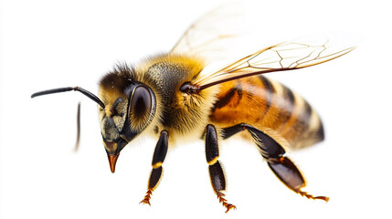 Closeup detailed image of a honeybee insect with wings legs body macro white brown black fauna nature