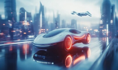 Obraz premium Abstract futuristic cityscape with glowing neon buildings and flying cars, soft reflections on metallic surfaces, clean and vibrant sci-fi theme, sharp and dynamic