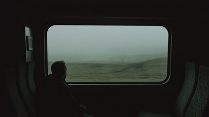 A person daydreaming, gazing out of a train window as the landscape