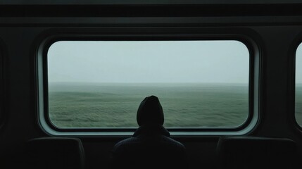 A person daydreaming, gazing out of a train window as the landscape