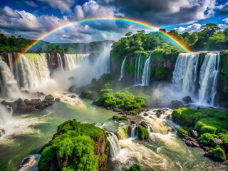 Iguazu Falls Rainbow Double Exposure: Breathtaking Brazilian Waterfall Landscape