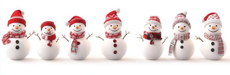 Set of snowmen isolated on a white background, wearing red hats and scarves with different patterns