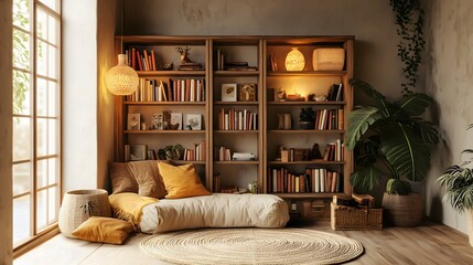 Cozy reading nook with wooden bookshelves, soft lighting, and boho-style furniture, empty wall mockup, 3D render