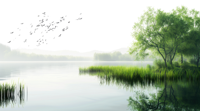 Birds flying over tranquil lake with lush green vegetation and transparent background