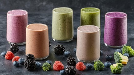 Group of colorful smoothies made with various fruits and berries in clear glasses on a wooden table
