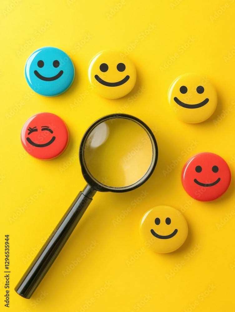 Fototapete colorful smiley faces with a magnifying glass on a bright yellow background create a cheerful and pl