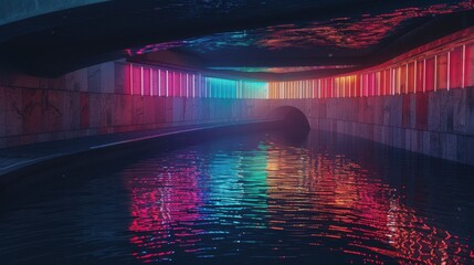 Obraz premium Vibrant Neon Lights Reflecting on Calm Water in Underground Tunnel