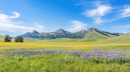 Fototapeta premium Idyllic Mountain Meadow with Wildflowers and Blue Sky Landscape