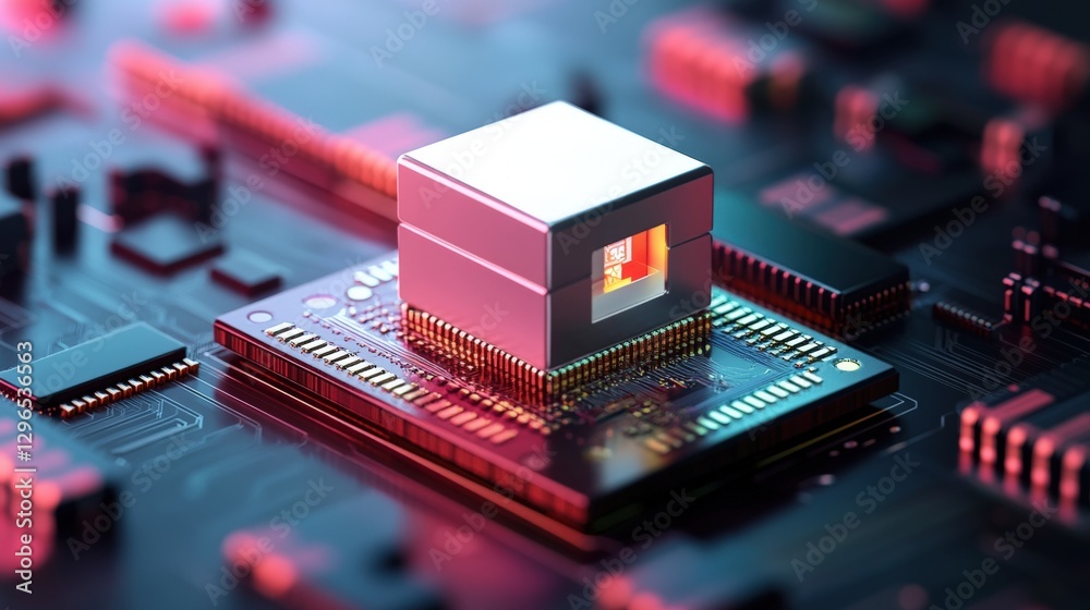 Poster computer processor mounted on a motherboard with electronic components and circuitry visible in the 