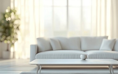 3D rendering of a blurred living room interior with a white sofa and coffee table in the background, a bookcase with books and a potted plant. Minimalist home decor design.