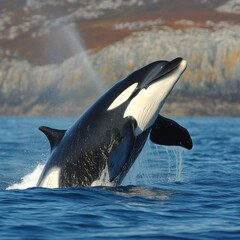 Obraz premium A majestic whale breaching the surface of the ocean against a scenic backdrop.