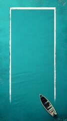 A small boat floating within the turquoise water rectangle