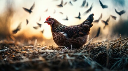 This image presents a hen prominently standing on a farm, surrounded by birds taking flight at sunset, symbolizing freedom and the beauty of countryside life.