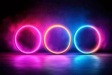 Vibrant neon circles illuminating a smoky stage with colorful reflections