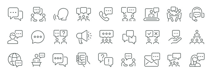 Speaking thin line icons set. Communication, chat, talking, speech bubble, discussion icon. Editable stroke. Vector illustration