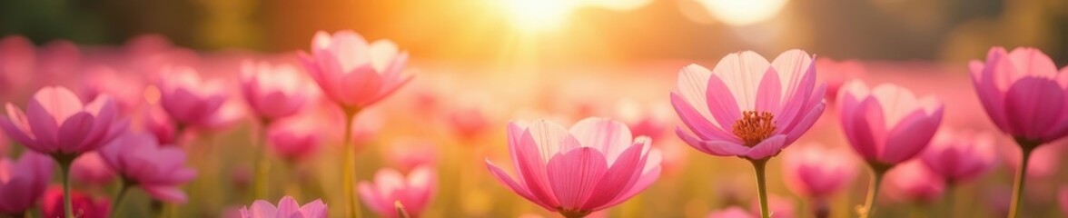 Fototapeta premium Soft pink flower field, sunlit petals, gentle breeze, pastel, floral wallpaper