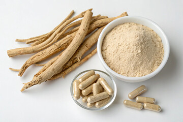 Ashwagandha root, powder, and capsules displayed