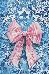 Watercolor Pink Bow on Spanish and Moroccan Tile Background Trendy Chinese Porcelain Style, Perfect for Elegant Stationery, Textile Patterns, and Home Decor. Generative AI