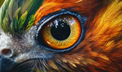 Artistic close-up of a vividly painted bird's eye in rich tones of orange and green, intricate feather details captured perfectly, evoking exotic wildlife beauty,