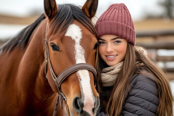 Fototapeta premium Young woman embracing her horse in winter at a ranch