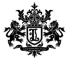 Vector black and white coat of arms with lions, crown and ribbon.