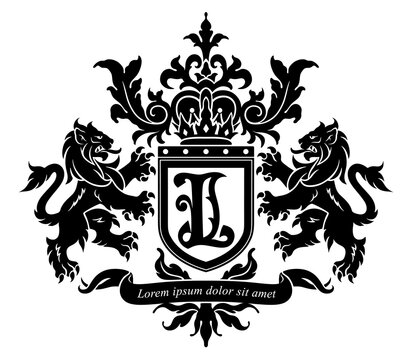 Vector black and white coat of arms with lions, crown and ribbon.