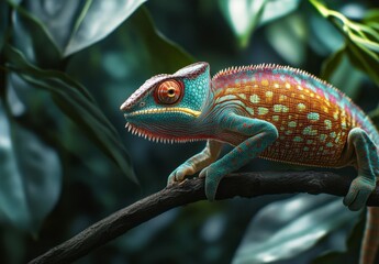 Fototapeta premium Colorful Chameleon on a Branch Among Tropical Leaves in Nature
