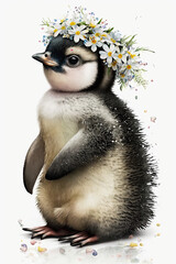 Watercolor Beautiful Cartoon Penguin with a Flower Crown &ndash; Cute Wild Animal Character Drawing, Illustration Poster, Printable Art. Created AI