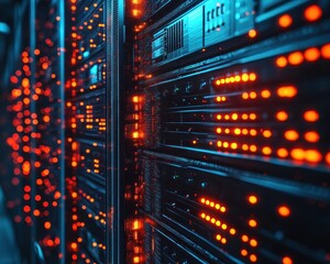 A cloud storage system visualized as floating servers connected through glowing data streams, Cloud computing, SciFi, High contrast