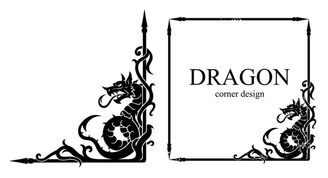 Dragon corner design with floral elements black and white. Vector black and white ornamental dragon design element. Decorative corner design.