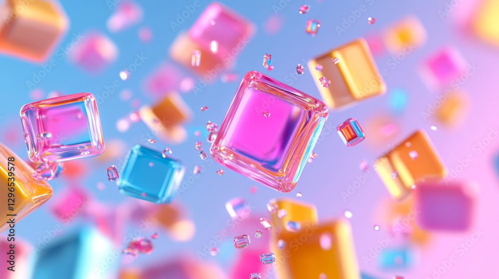 Poster detail-oriented view focusing on neon candy shards scattered in a lively pattern, illustrating an