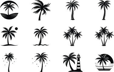 Tropical Palm Tree Icons Silhouette Designs for Summer Vacation