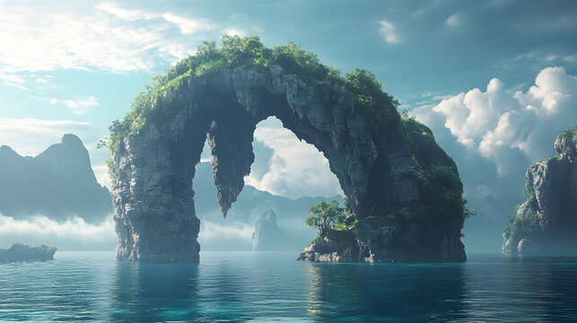 stone archway floating above the ocean, leading to a world of floating islands 
