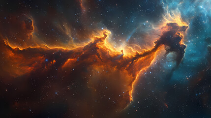Fototapeta premium A nebula shaped like a dragon, with fiery tendrils of gas and dust forming the creature majestic wings and tail in the vastness of space. Nebula Dragon Formation. Illustration