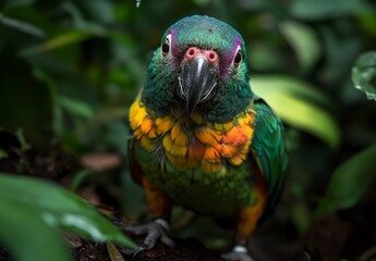 Obraz premium Colorful parrot perched among lush green foliage in tropical habitat