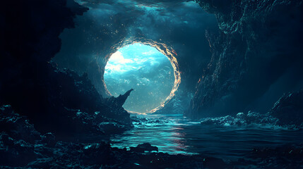 cave illuminated by a circular gateway leading to an underwater alien world 