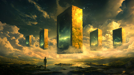 landscape where multiple portals float in the sky, each leading to different realities 