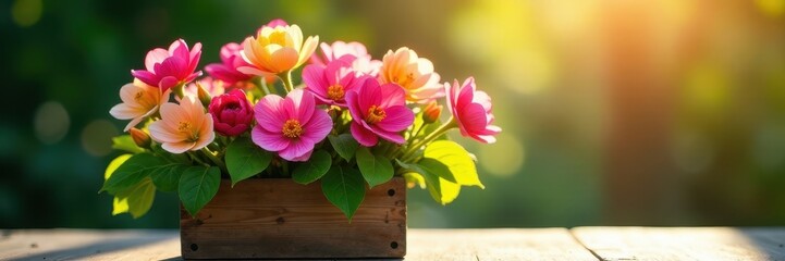 Fototapeta premium Sunlit arrangement of vibrant spring blooms in an aged wooden container , country, bouquet, pink