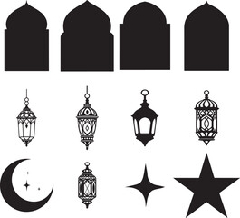 Islamic design elements, including various mosque archways, intricate hanging lanterns, a crescent moon, and a star.