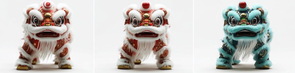 Naklejka premium Three hyper-realistic, highly detailed photographs of a Chinese lion dance, set against a white background
